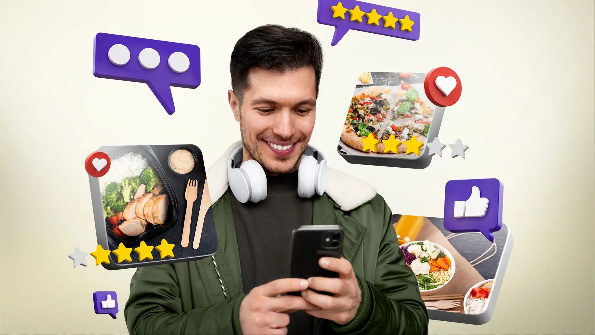 אדם מסתכל בסמארטפון עם חיוך וסמלי ביקורות כוכבים יוצאים מהמסך