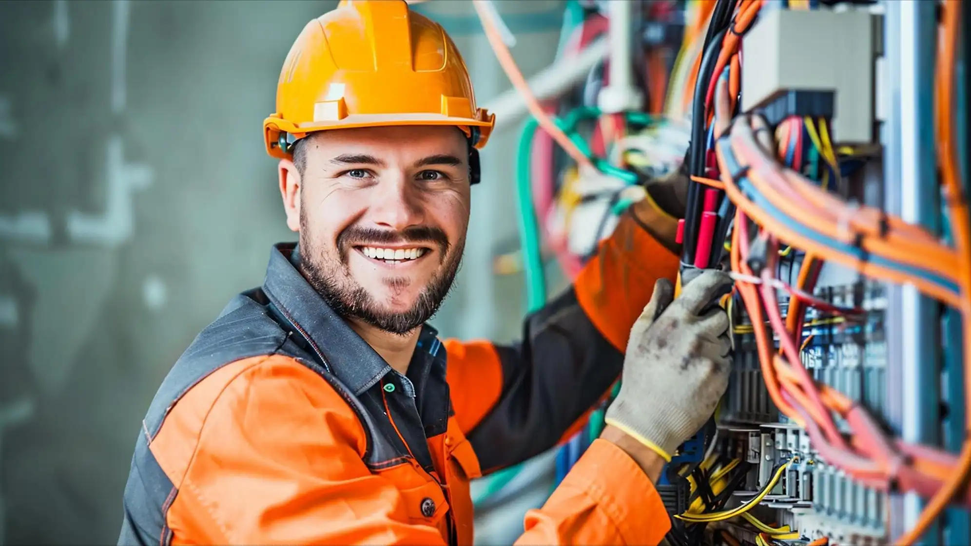חשמלאי מול תיבת חשמל מתקן חוטים ומחייך למצלמה