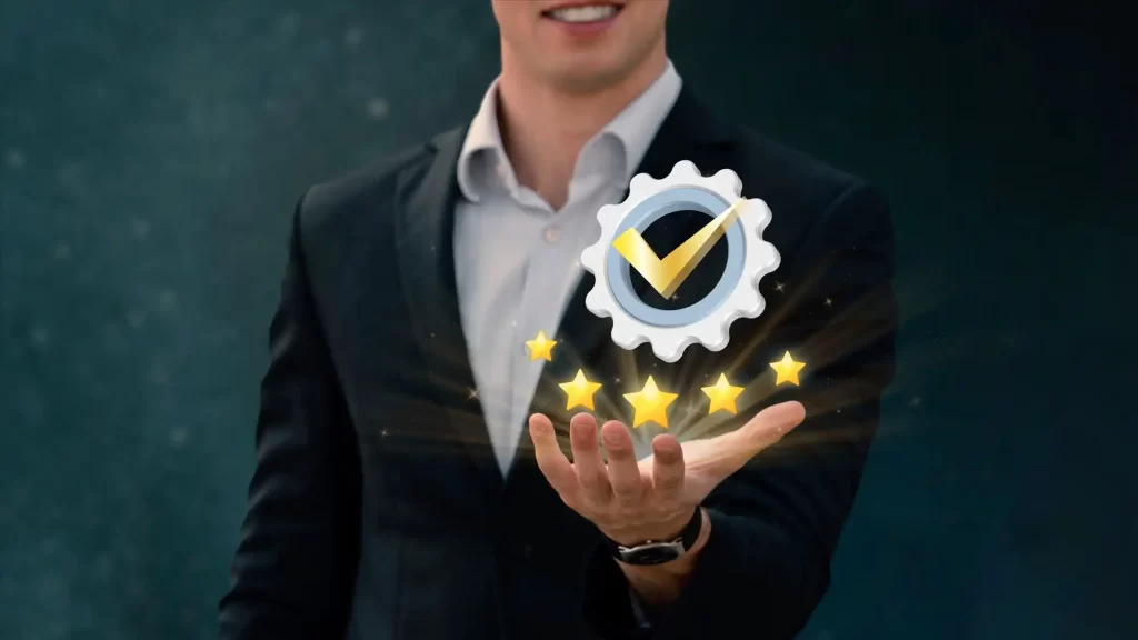 איש עסקים מחזיק בידיו סמל עם הציון הגבוהה 5 כוכבים